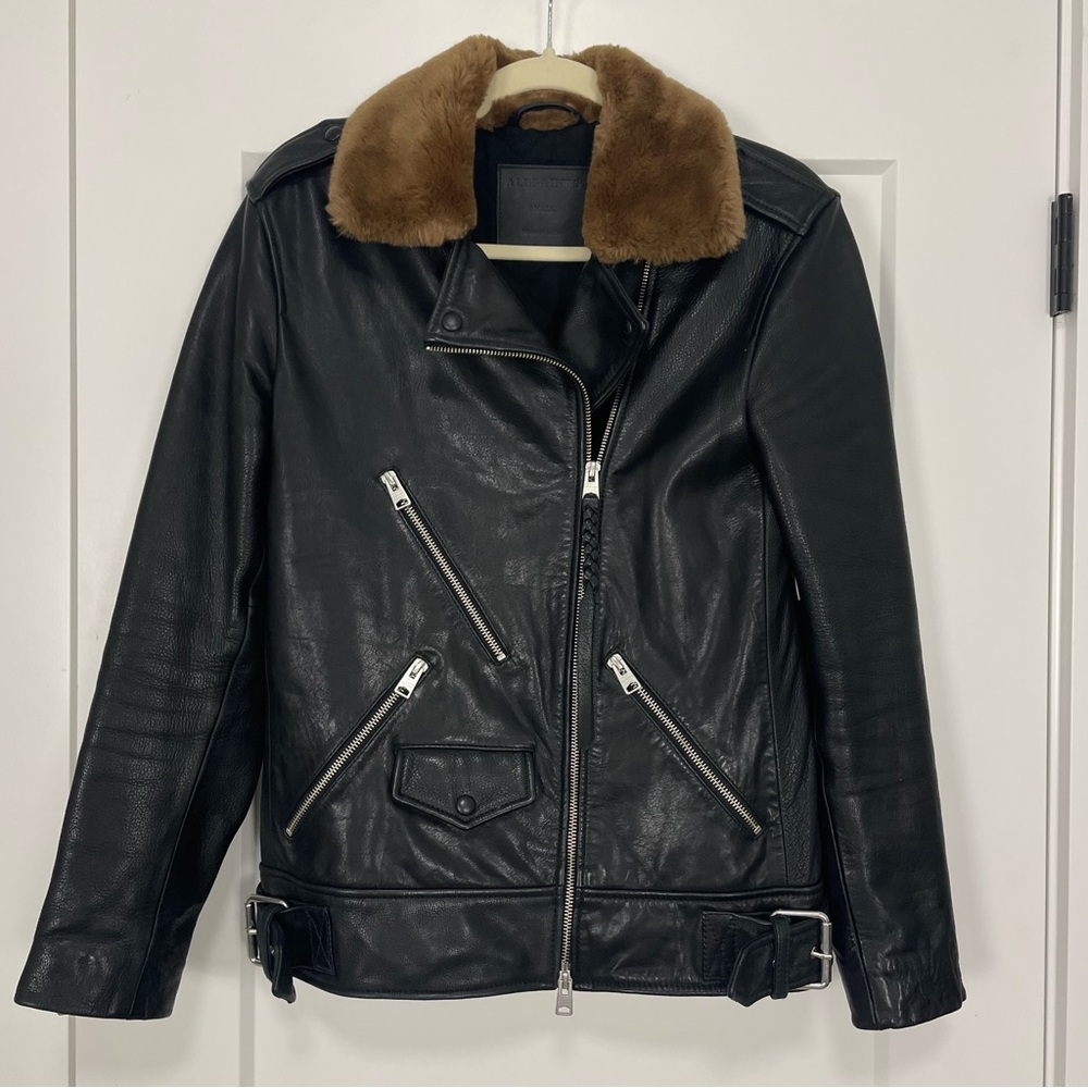 SOLD // All Saints Sherwood Leather Biker Jacket w/ Faux Fur Trim Size Small - Picture 6 of 14